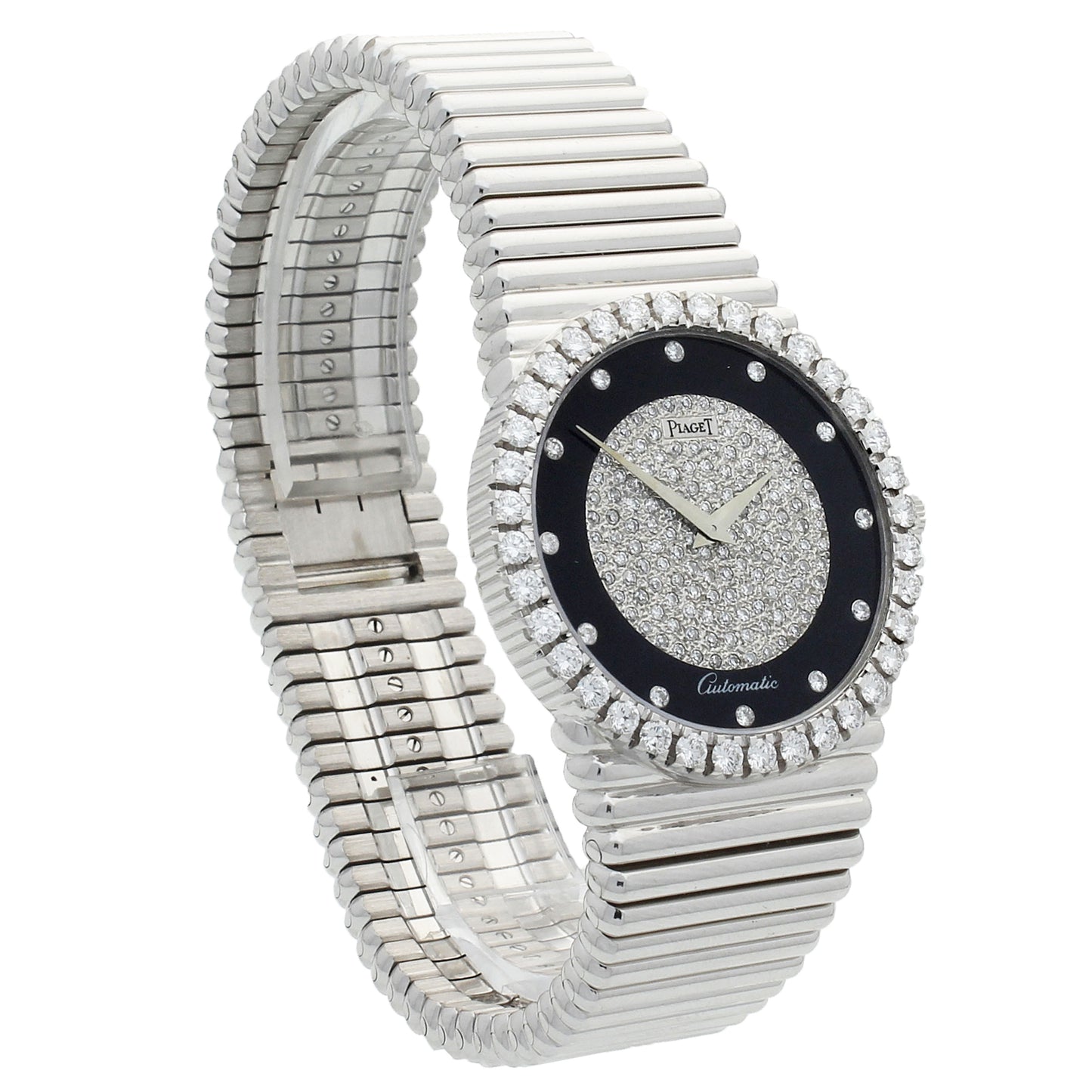 18ct white gold Piaget, reference 12336 bracelet watch with onyx and pavé diamond set dial and diamond set set bezel. Made 1970's