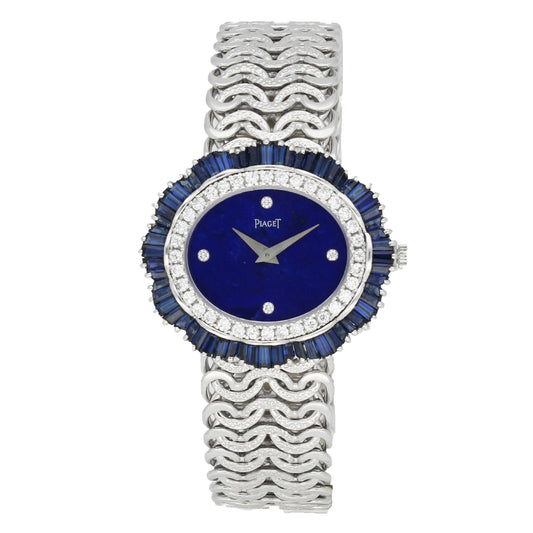 18ct white gold 'oval cased' with lapis lazuli dial and diamond and sapphire set bezel bracelet watch. Made 1970's