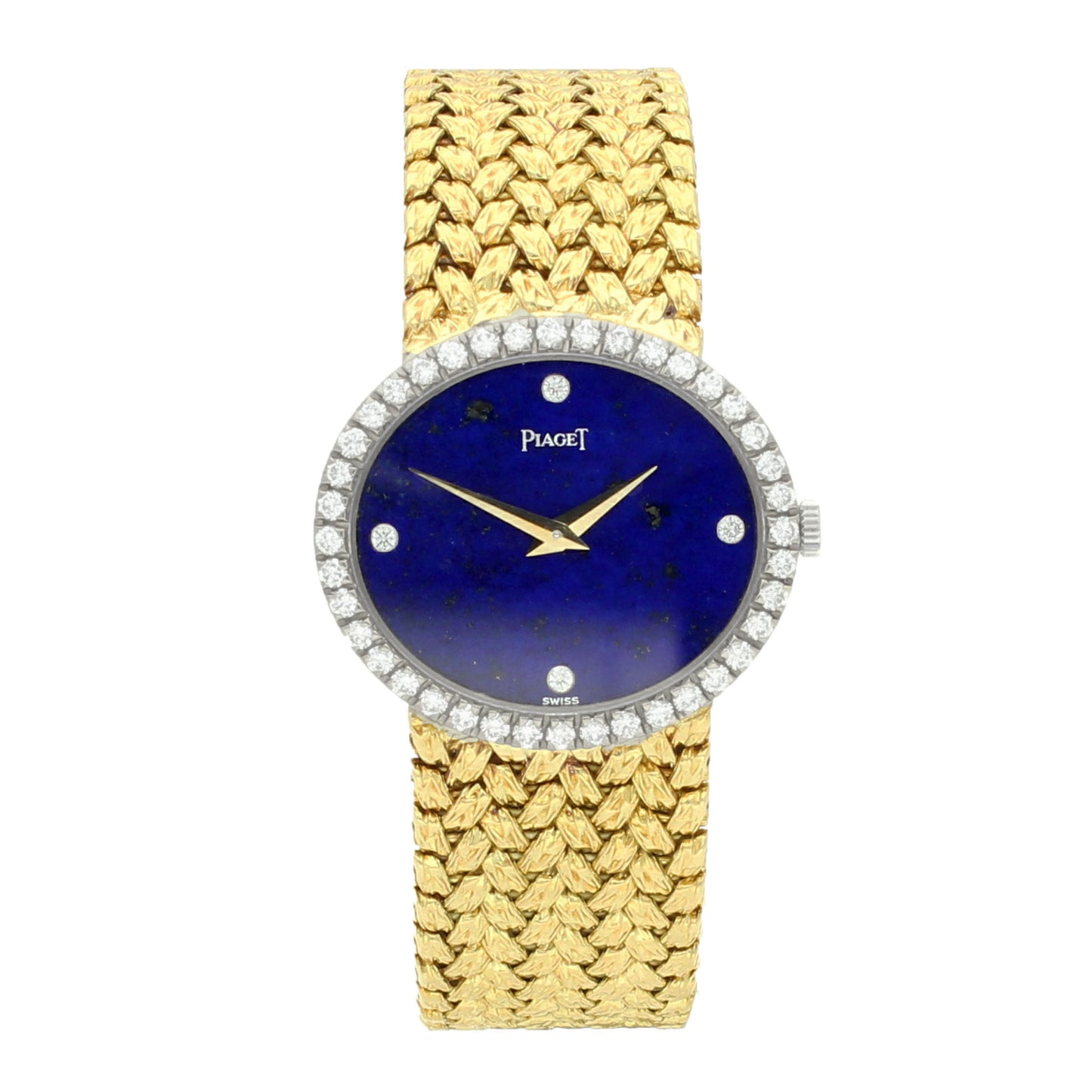 18ct yellow gold 'oval cased' bracelet watch with lapis lazuli dial and diamond set bezel. Made 1970s