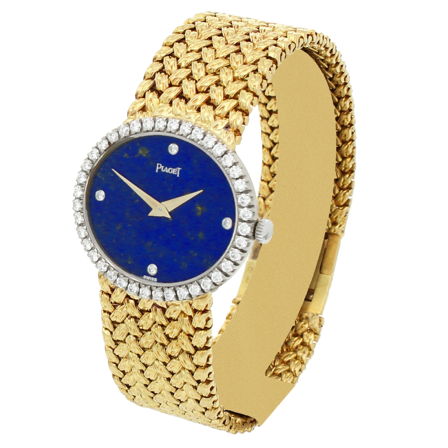 18ct yellow gold 'oval cased' bracelet watch with lapis lazuli dial and diamond set bezel. Made 1970s