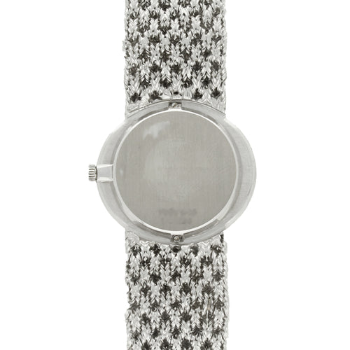 18ct white gold 'oval cased with jadeite dial and diamond set bezel bracelet watch. Made 1970's