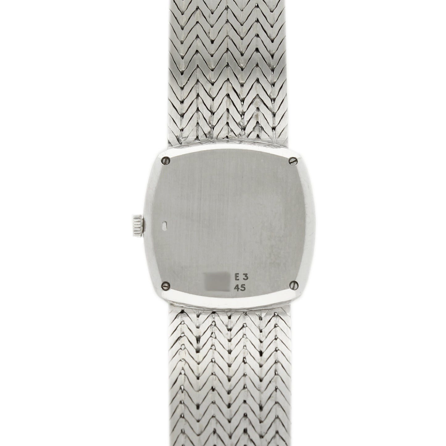 18ct white gold 'cushion cased' with silvered dial and diamond set bezel bracelet watch. Made 1970's