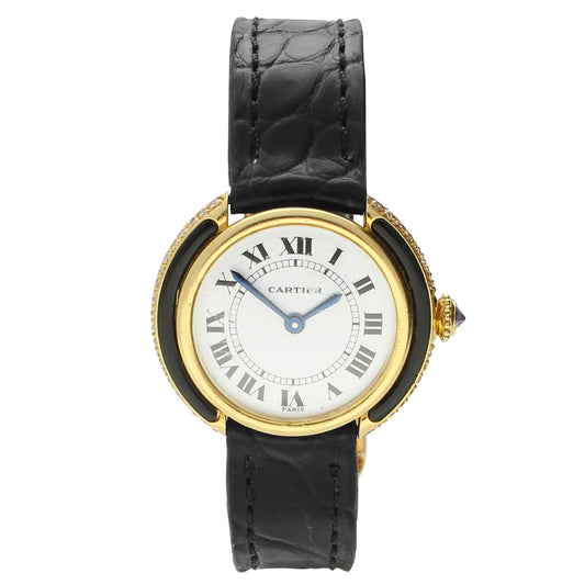 18ct yellow gold diamond and onyx set Vendôme wristwatch. Made 1970s