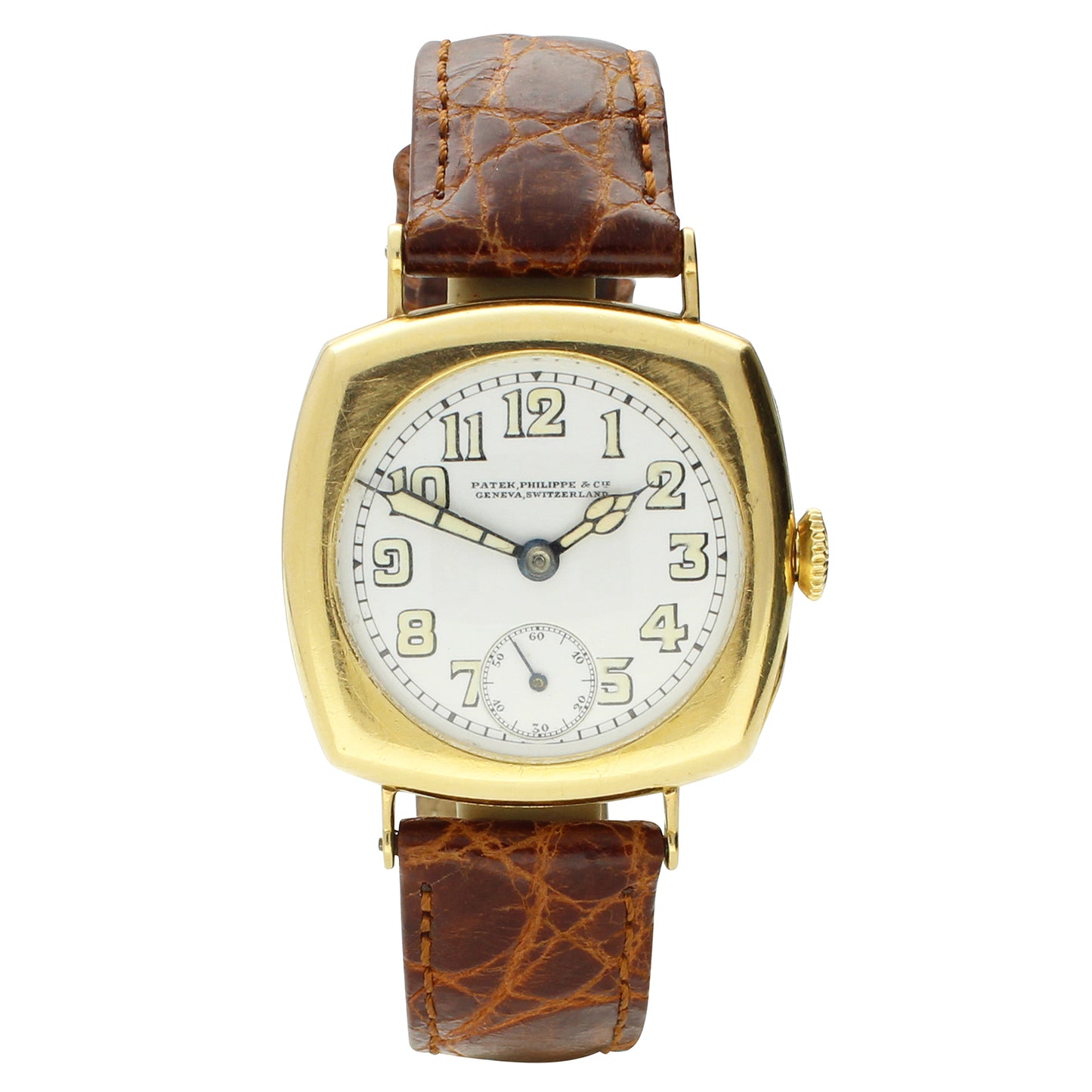 18ct yellow gold cushion cased wristwatch with enamel dial, retailed by Shreve & Co. San Francisco. Made 1920