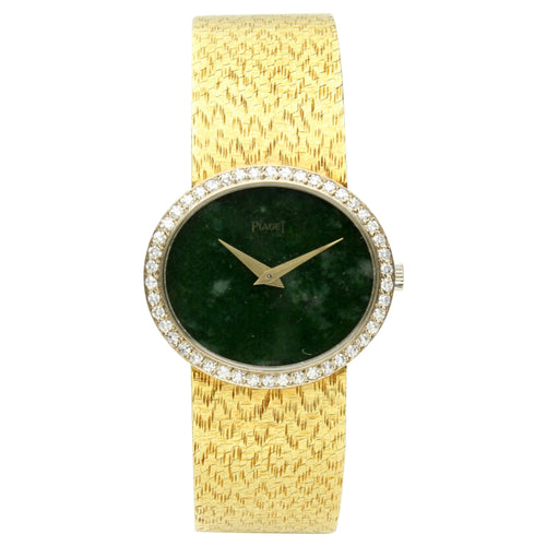 18ct yellow gold, diamond set and Nephrite dial bracelet watch. Made 1970's