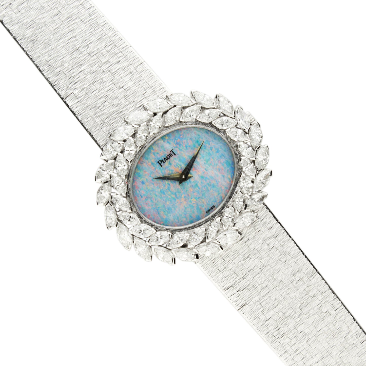 18ct white gold and diamond set Piaget, reference 9385 bracelet watch with opal dial. Made 1972