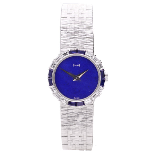 18ct white gold Piaget, lapis lazuli dial with diamond & sapphire set bezel bracelet watch. Made 1970