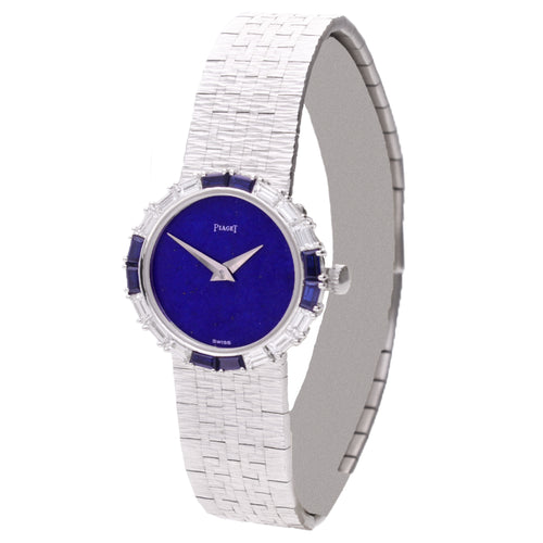 18ct white gold Piaget, lapis lazuli dial with diamond & sapphire set bezel bracelet watch. Made 1970