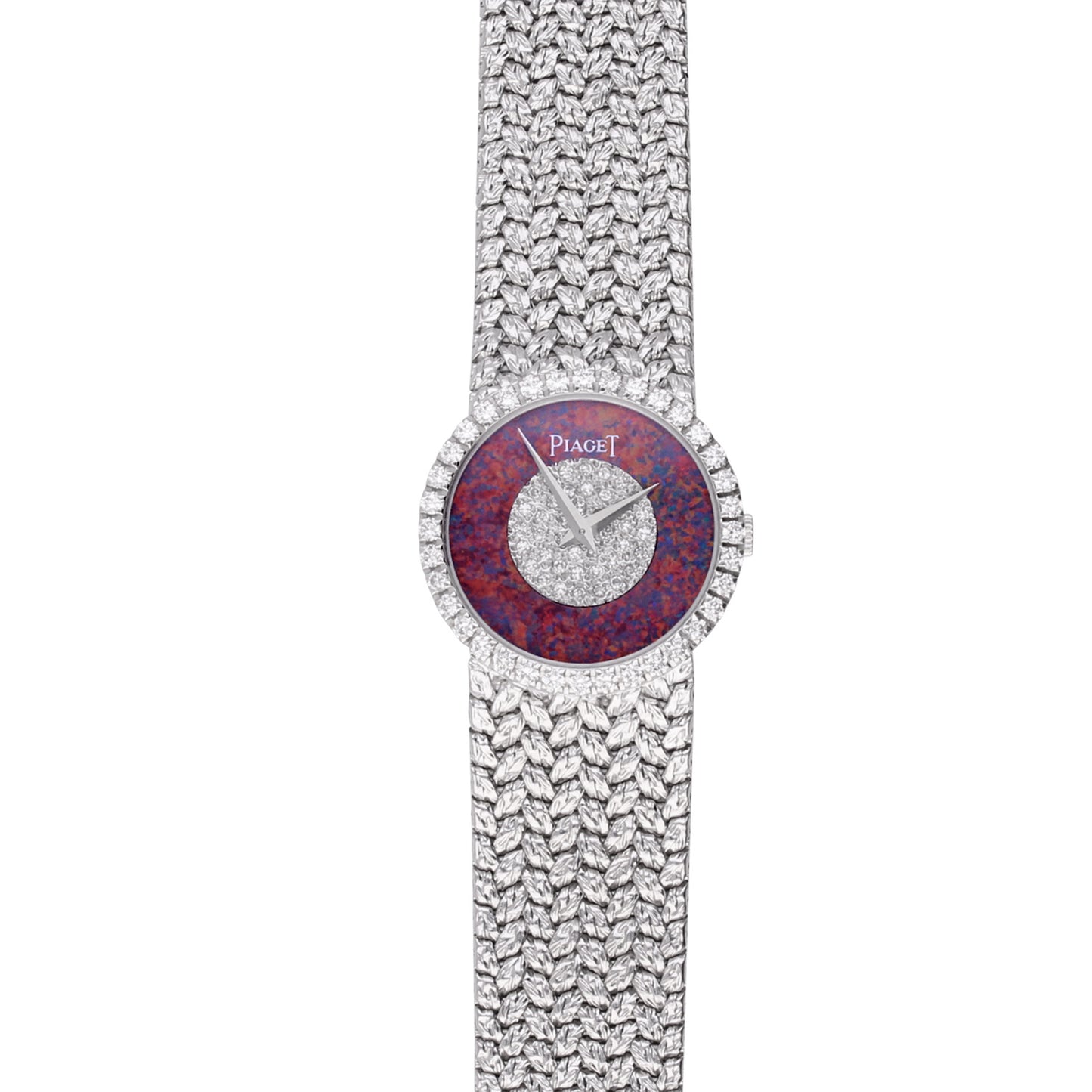 18ct white gold Piaget opal and pave diamond dial bracelet watch. Made 1970's