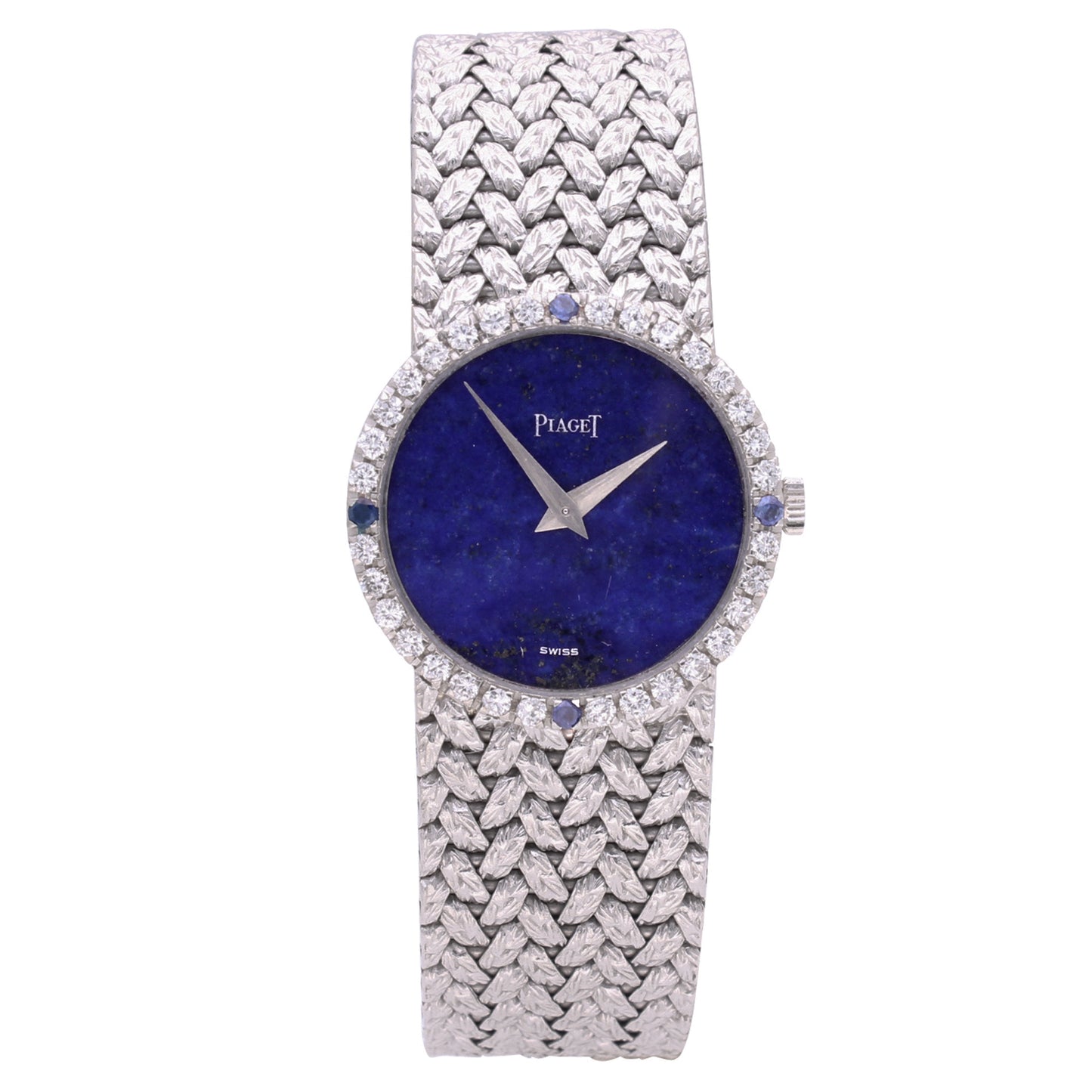 18ct white gold Piaget bracelet watch with lapis lazuli dial and diamond set bezel . Made 1970