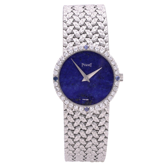 18ct white gold Piaget, reference 9706 bracelet watch with lapis lazuli dial and diamond set bezel. Made 1970's