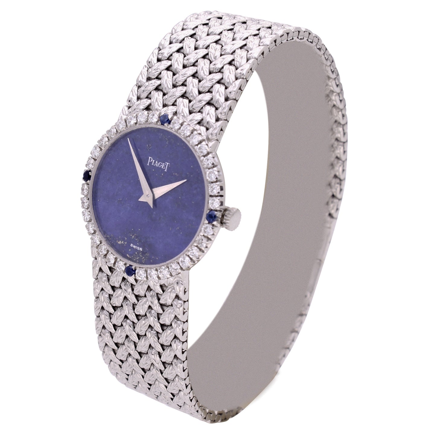 18ct white gold Piaget bracelet watch with lapis lazuli dial and diamond set bezel . Made 1970