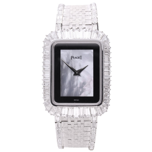 18ct white gold Piaget, mother of pearl and onyx dial diamond set bracelet watch. Made 1975