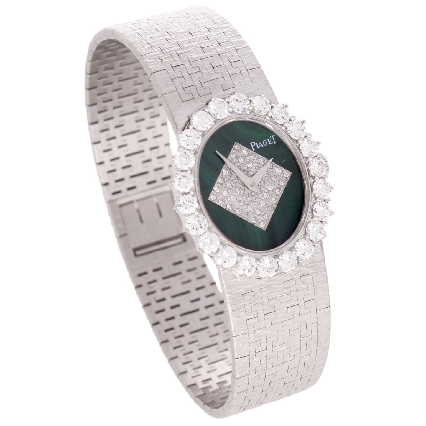18ct white gold diamond and malachite dial with diamond bezel bracelet watch. Made 1970