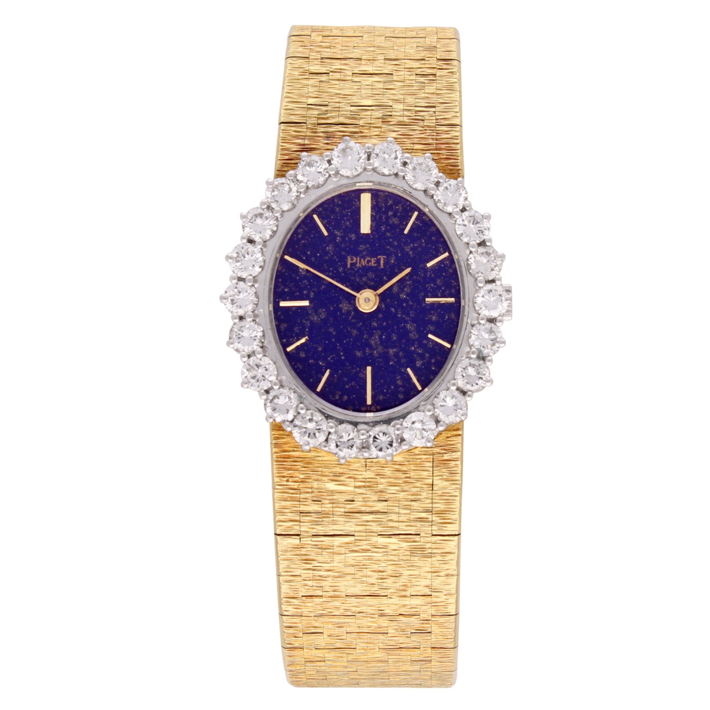 18ct yellow gold 'oval cased' bracelet watch with lapis lazuli dial and diamond set bezel. Made 1970's