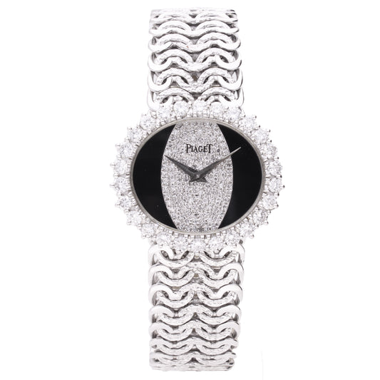 18ct white gold Piaget, onyx and diamond bracelet watch. Made 1970