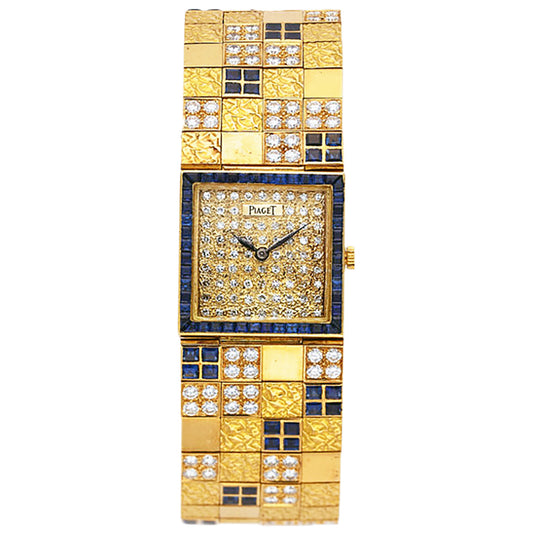 18ct yellow gold Piaget, reference 9352 diamond and sapphire set bracelet watch. Made 1979