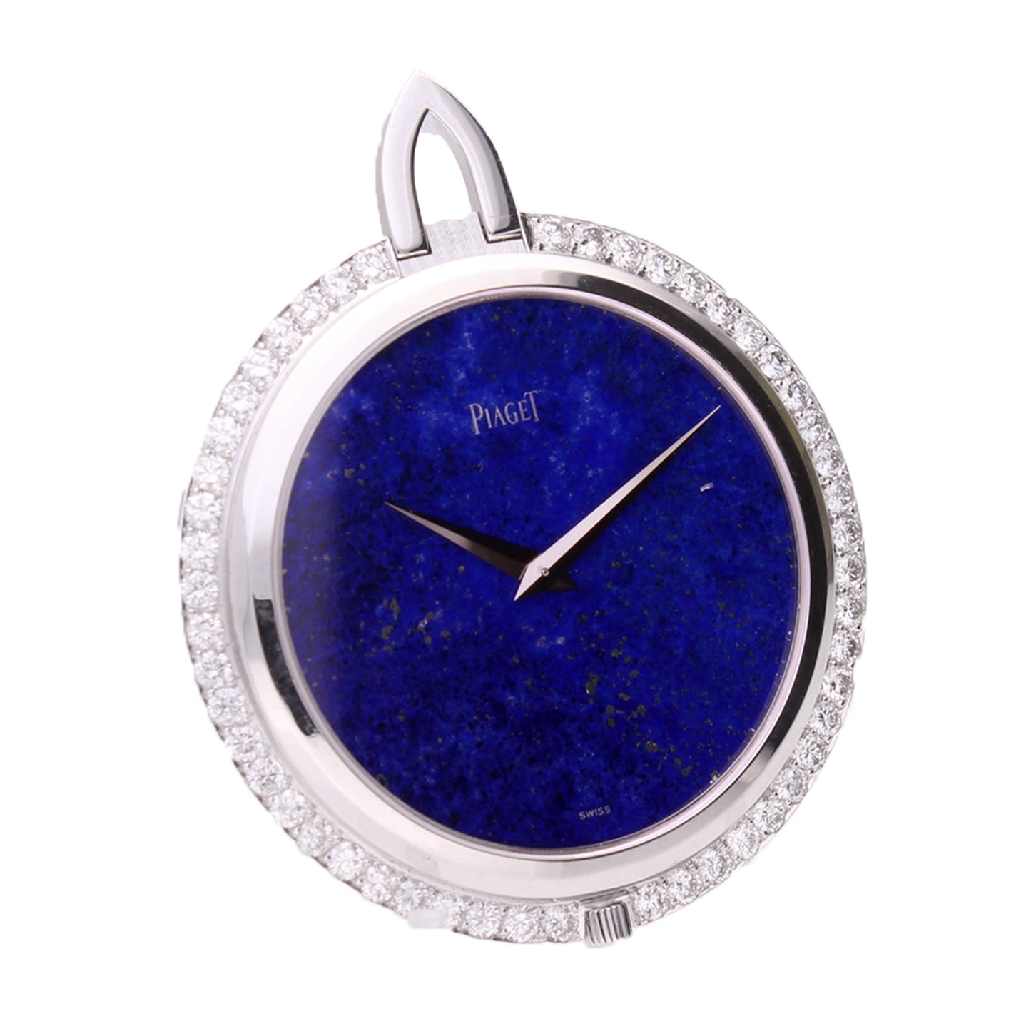 18ct white gold Piaget pocket watch with Lapis Lazuli dial & diamond set bezel. Made 1969