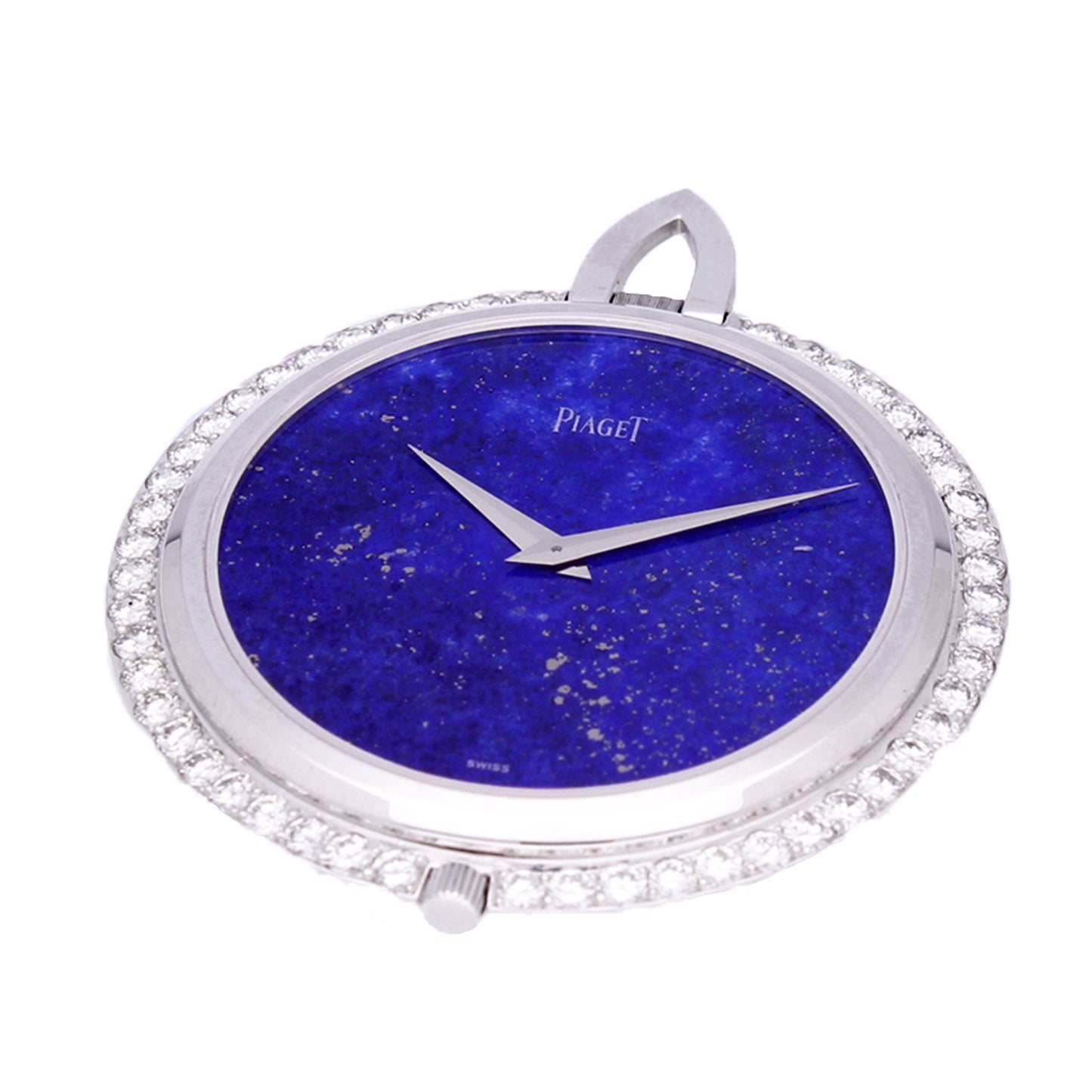 18ct white gold Piaget pocket watch with Lapis Lazuli dial & diamond set bezel. Made 1969