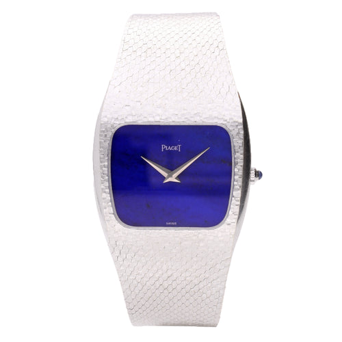 18ct white gold Lapis Lazuli dial bracelet watch. Made 1970's