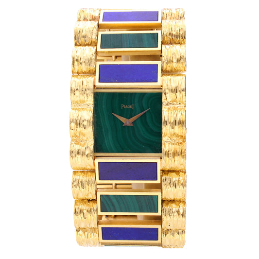 (SOLD) 18ct yellow gold Piaget, reference 9150 malachite and lapis lazuli bracelet watch. Made 1972
