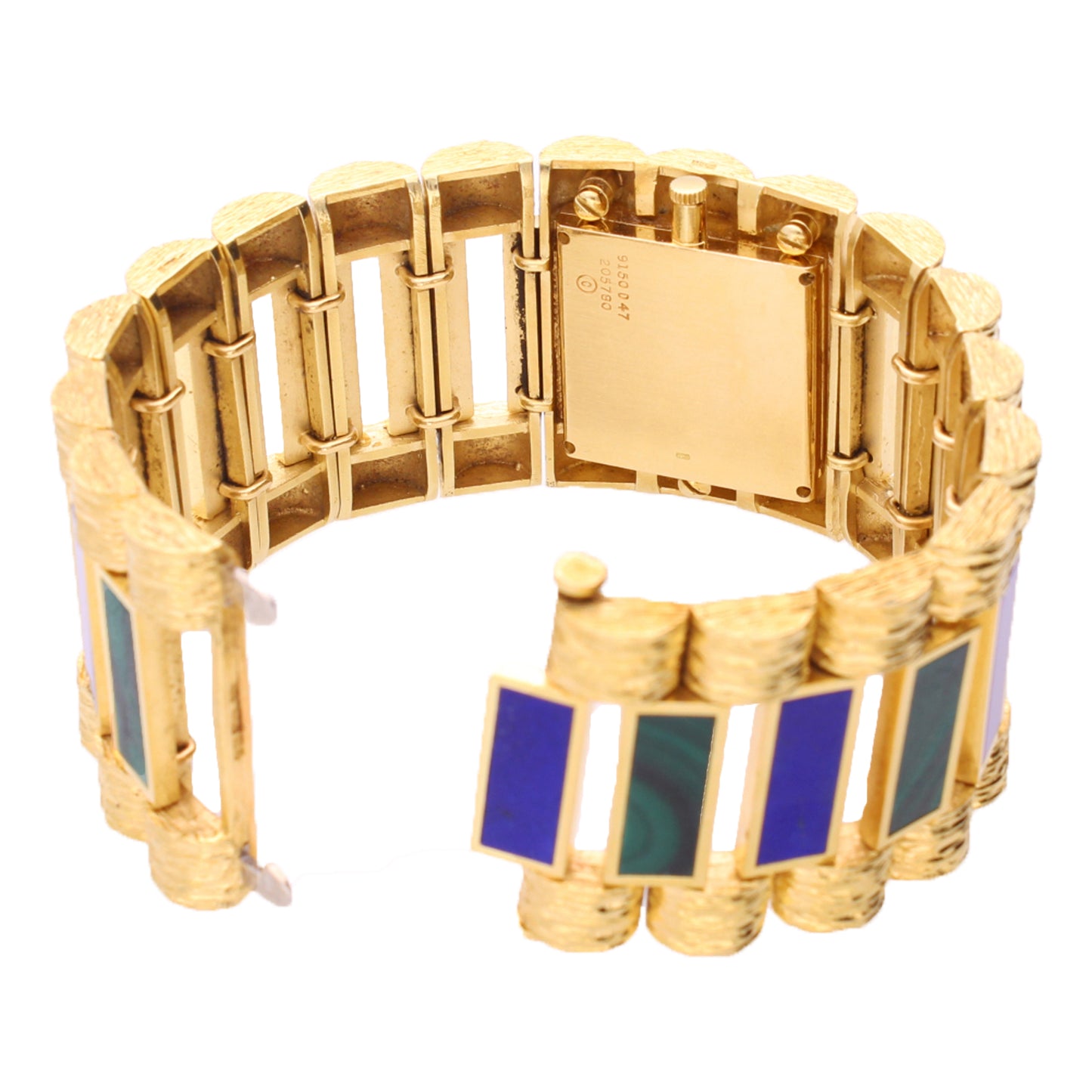 (SOLD) 18ct yellow gold Piaget, reference 9150 malachite and lapis lazuli bracelet watch. Made 1972