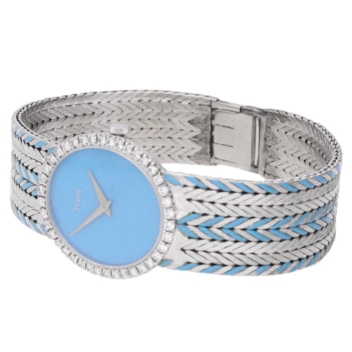 18ct white gold turquoise dial with diamond and turquoise set bracelet watch. Made 1970
