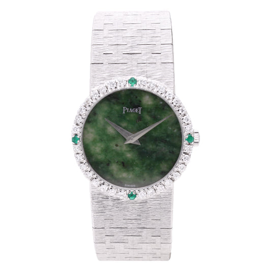 18ct white gold jade dial with diamond set bezel bracelet watch. Made 1970
