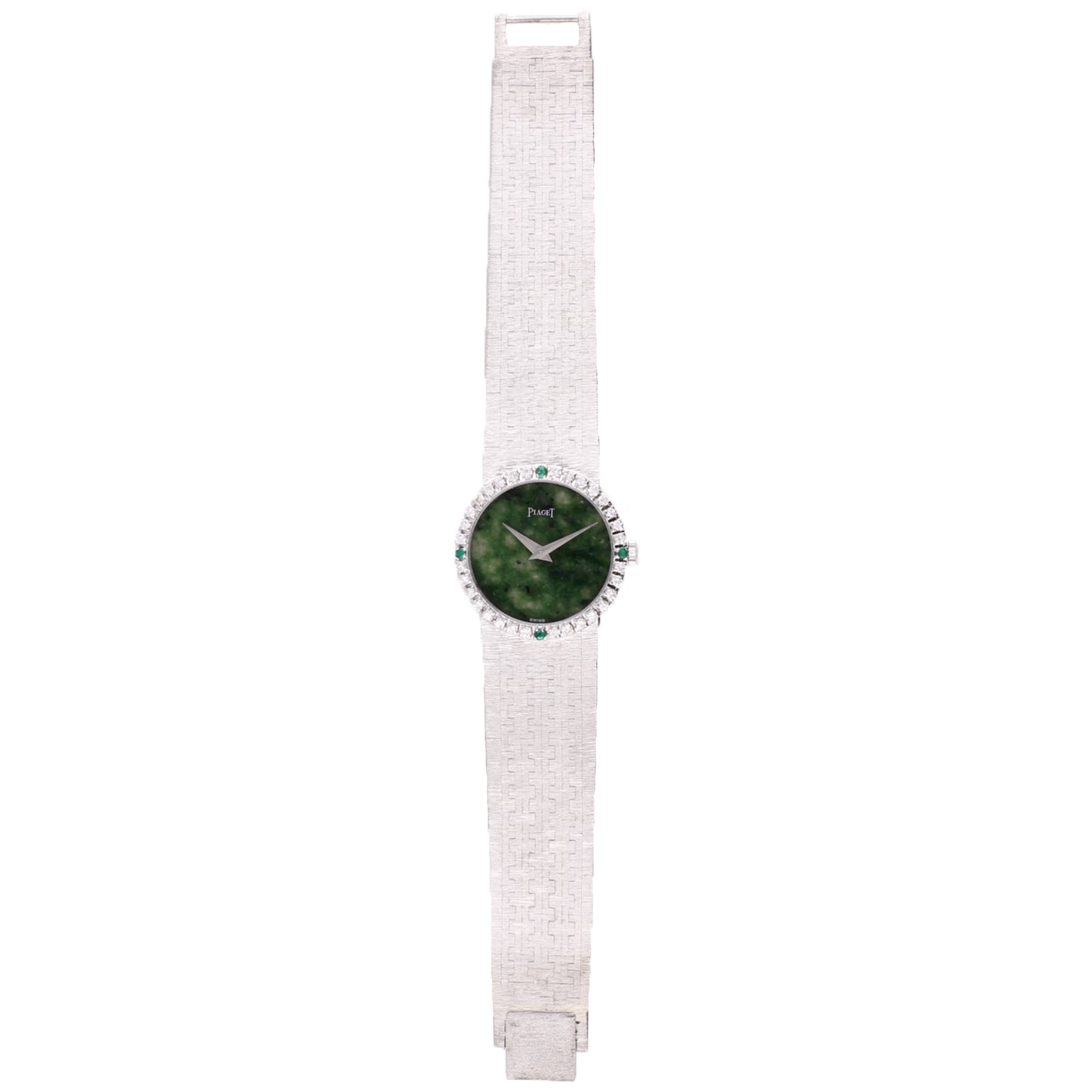 18ct white gold jade dial with diamond set bezel bracelet watch. Made 1970