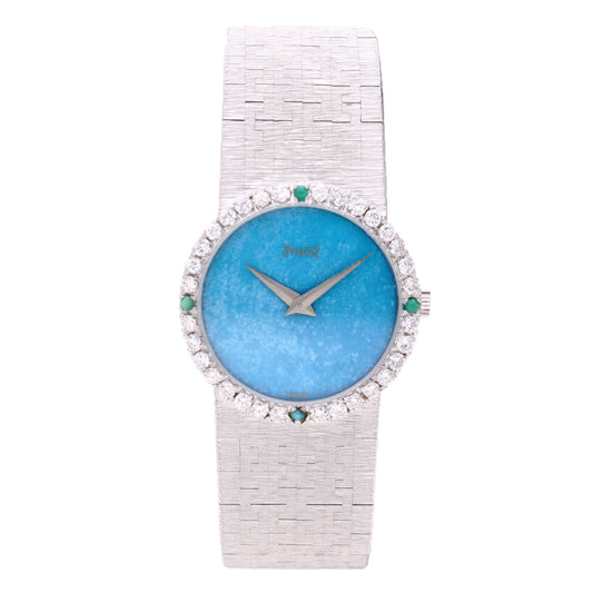 18ct white gold Piaget, reference 9706 barcelet watch with Turquoise dial and diamond set bezel. Made 1970's