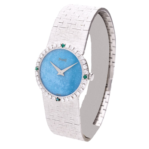 18ct white gold Turquoise dial diamond set bracelet watch. Made 1970