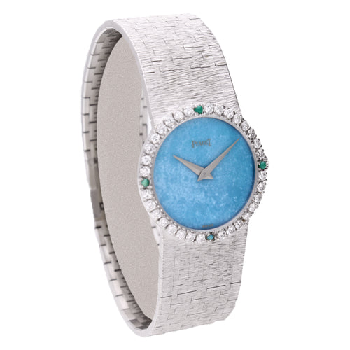 18ct white gold Turquoise dial diamond set bracelet watch. Made 1970