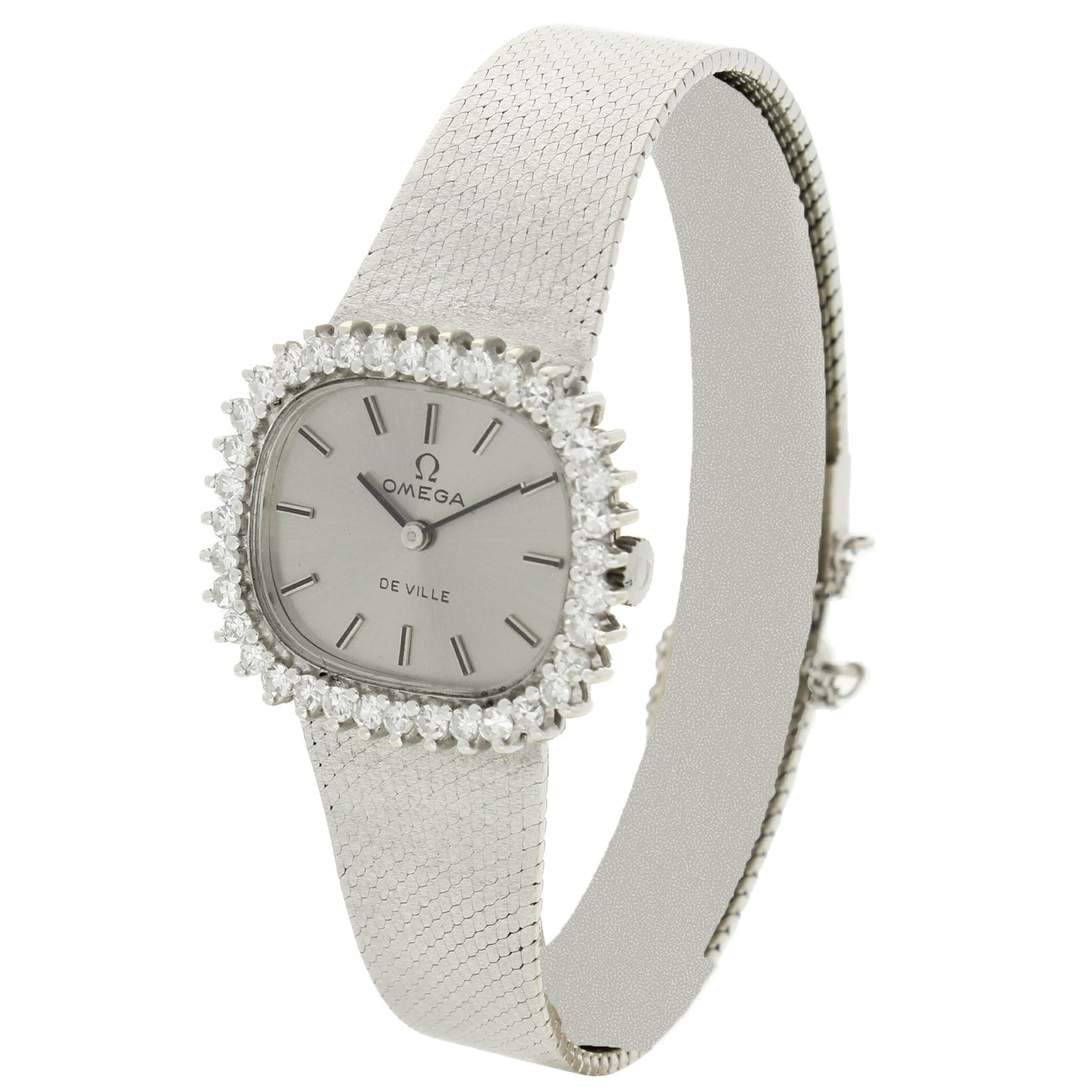 18ct white gold and diamond set OMEGA De Ville bracelet watch. Made 1974