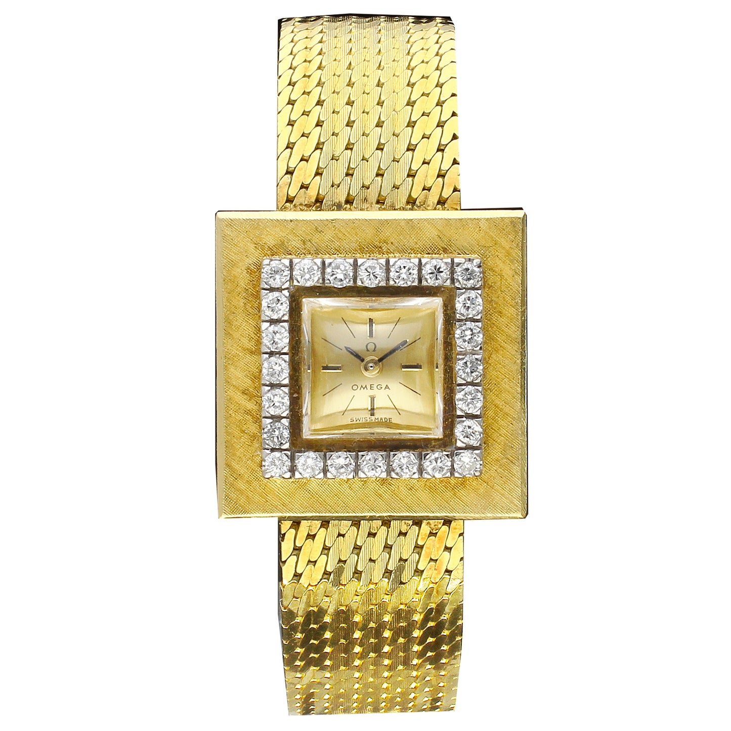 18ct yellow gold and diamond set square case bracelet watch. Made 1961