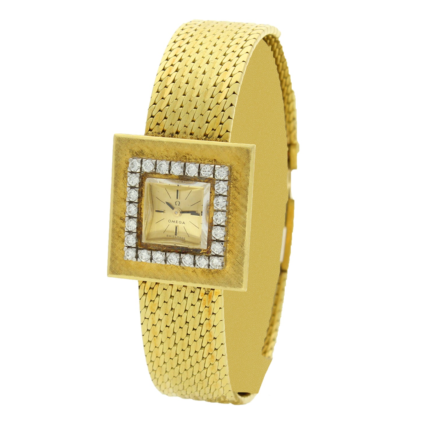 18ct yellow gold and diamond set square case bracelet watch. Made 1961