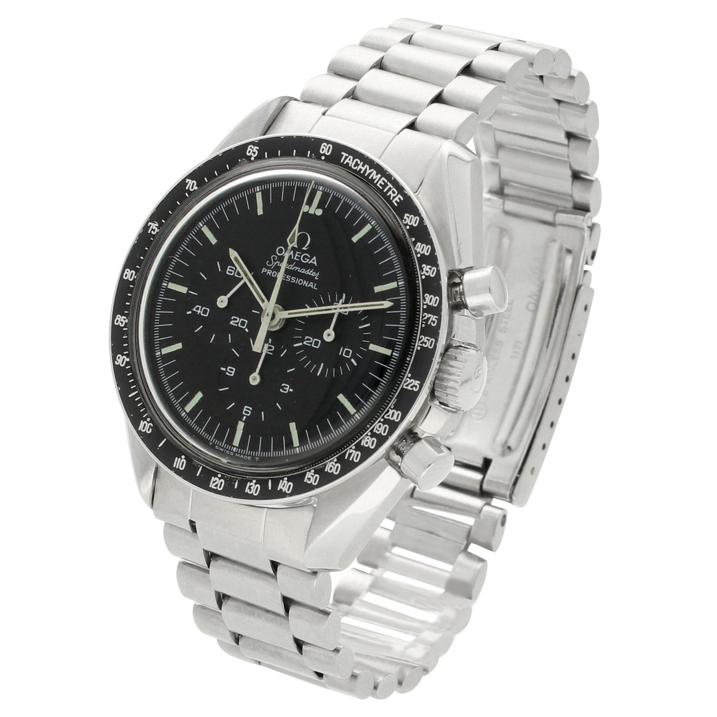 Stainless steel Speedmaster, reference 145.022 'Straight case writing' Professional chronograph wristwatch. Made 1971