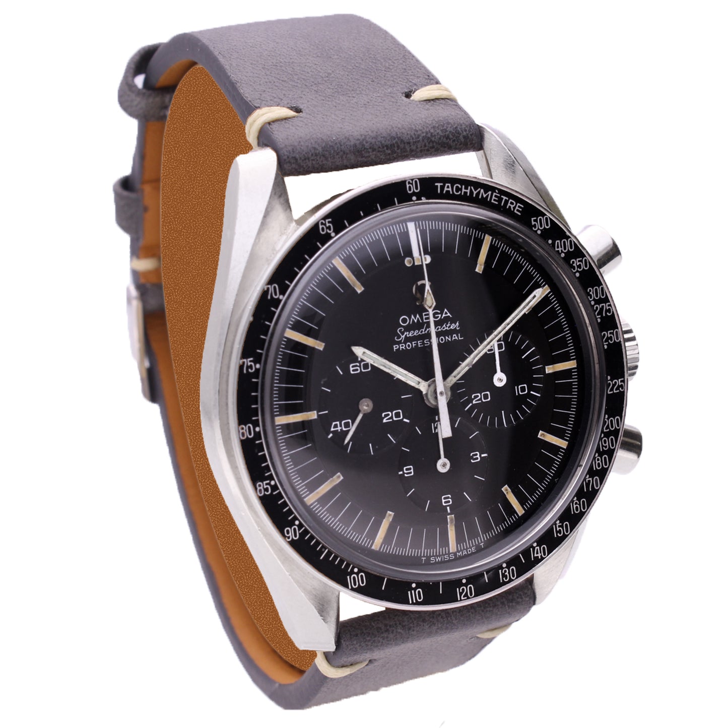 Stainless steel OMEGA Speedmaster 'transitional' Professional chronograph wristwatch. Made 1969
