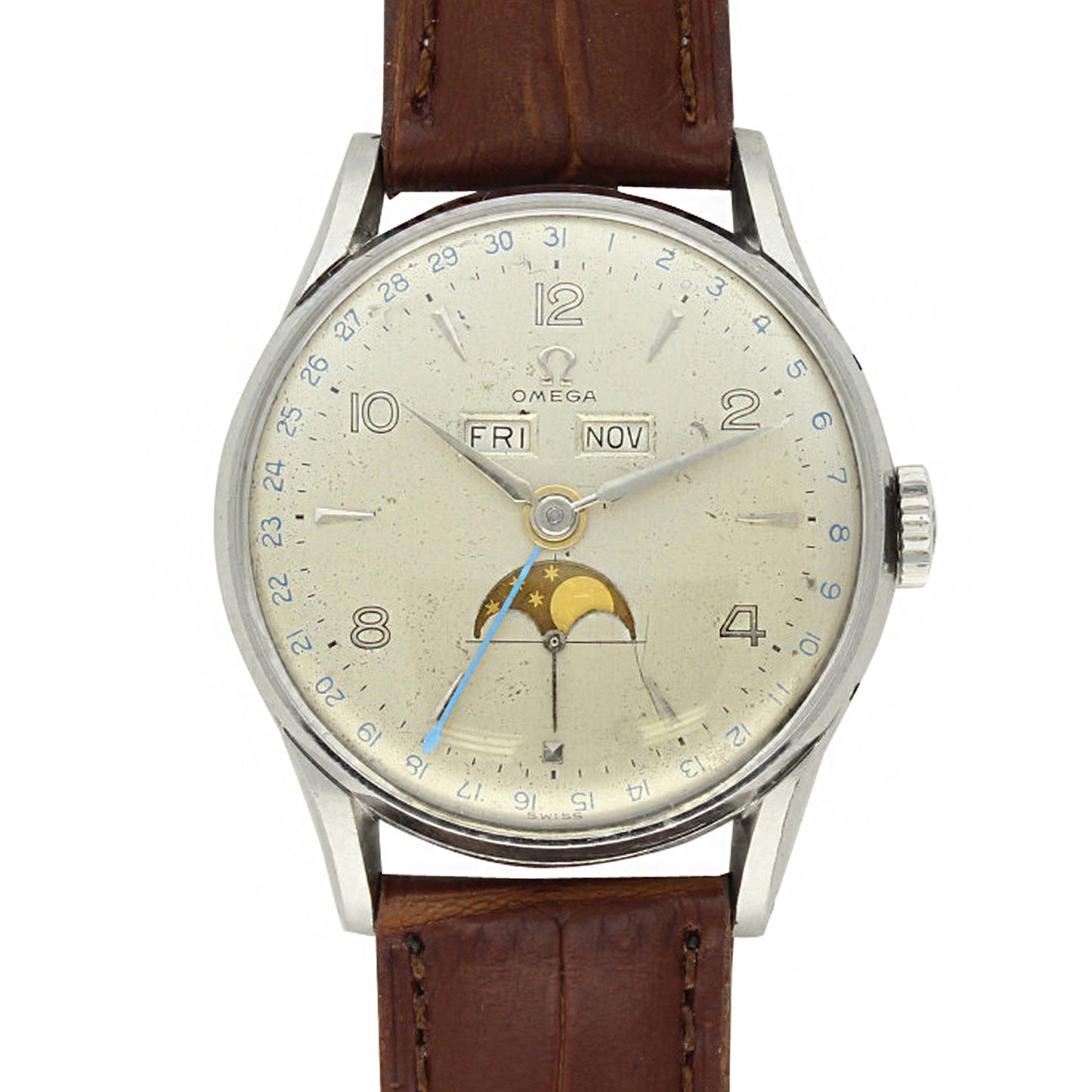 Stainless steel Cosmic Triple Date Calendar Moonphase wristwatch. Made 1949