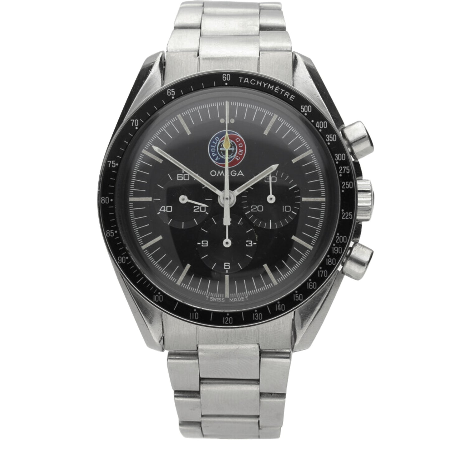 Stainless steel Speedmaster 'Apollo Soyuz' limited edition chronograph wristwatch. Made 1976