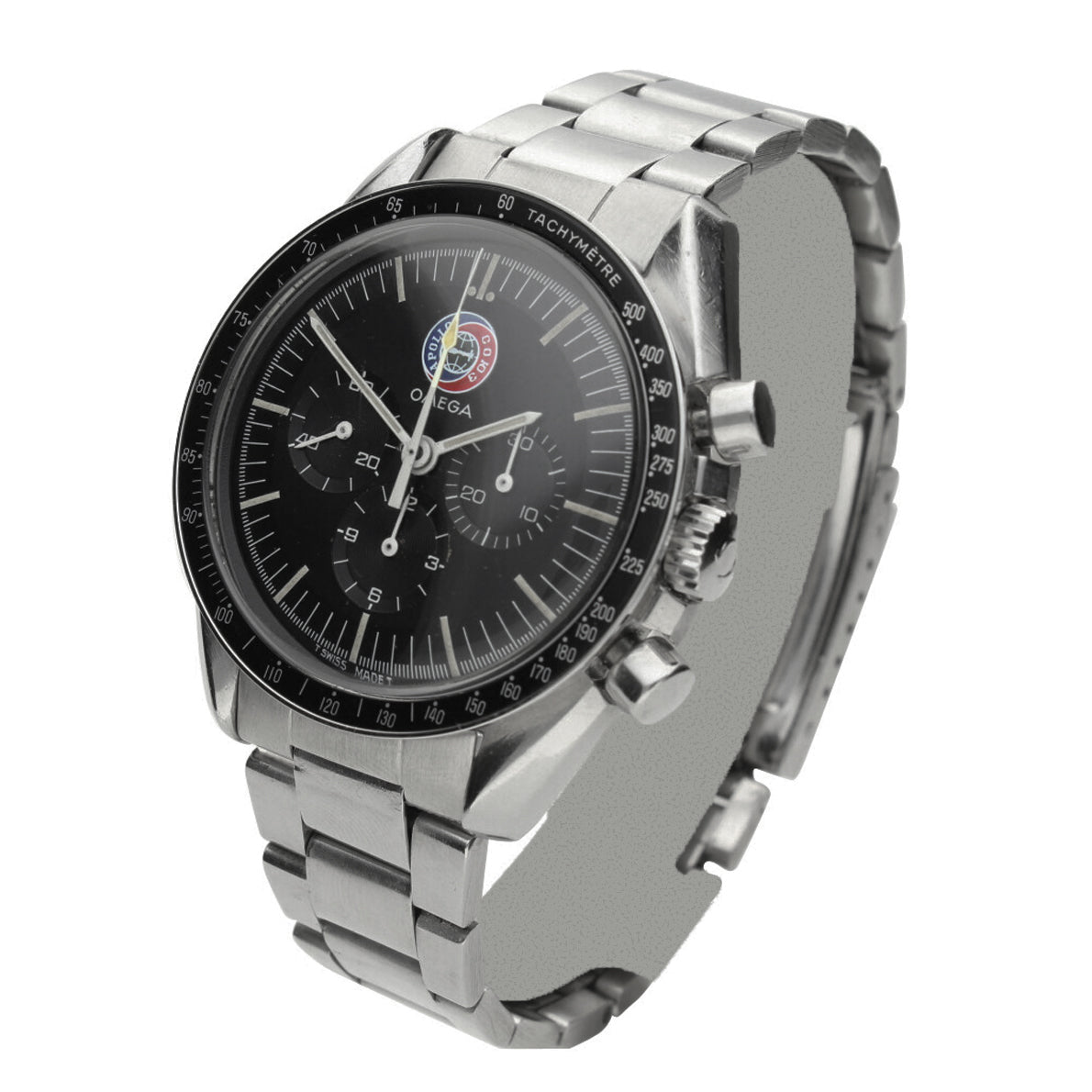 Stainless steel OMEGA Speedmaster 'Apollo Soyuz' chronograph wristwatch. Made 1976