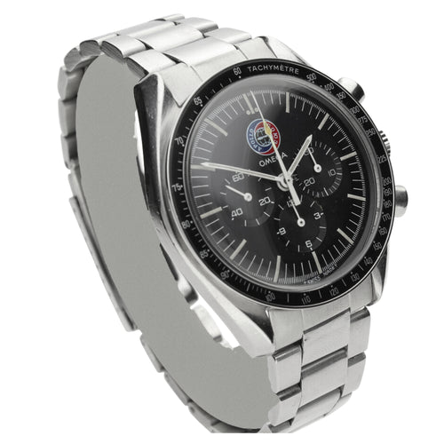 Stainless steel Speedmaster 'Apollo Soyuz' limited edition chronograph wristwatch. Made 1976