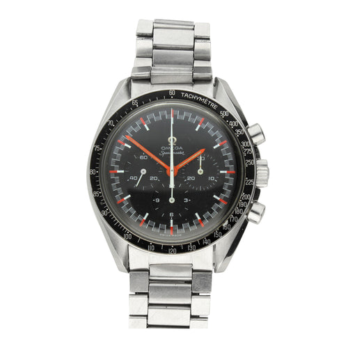 Stainless steel Speedmaster, reference 145.012 'Red Racing' chronograph wristwatch. Made 1968