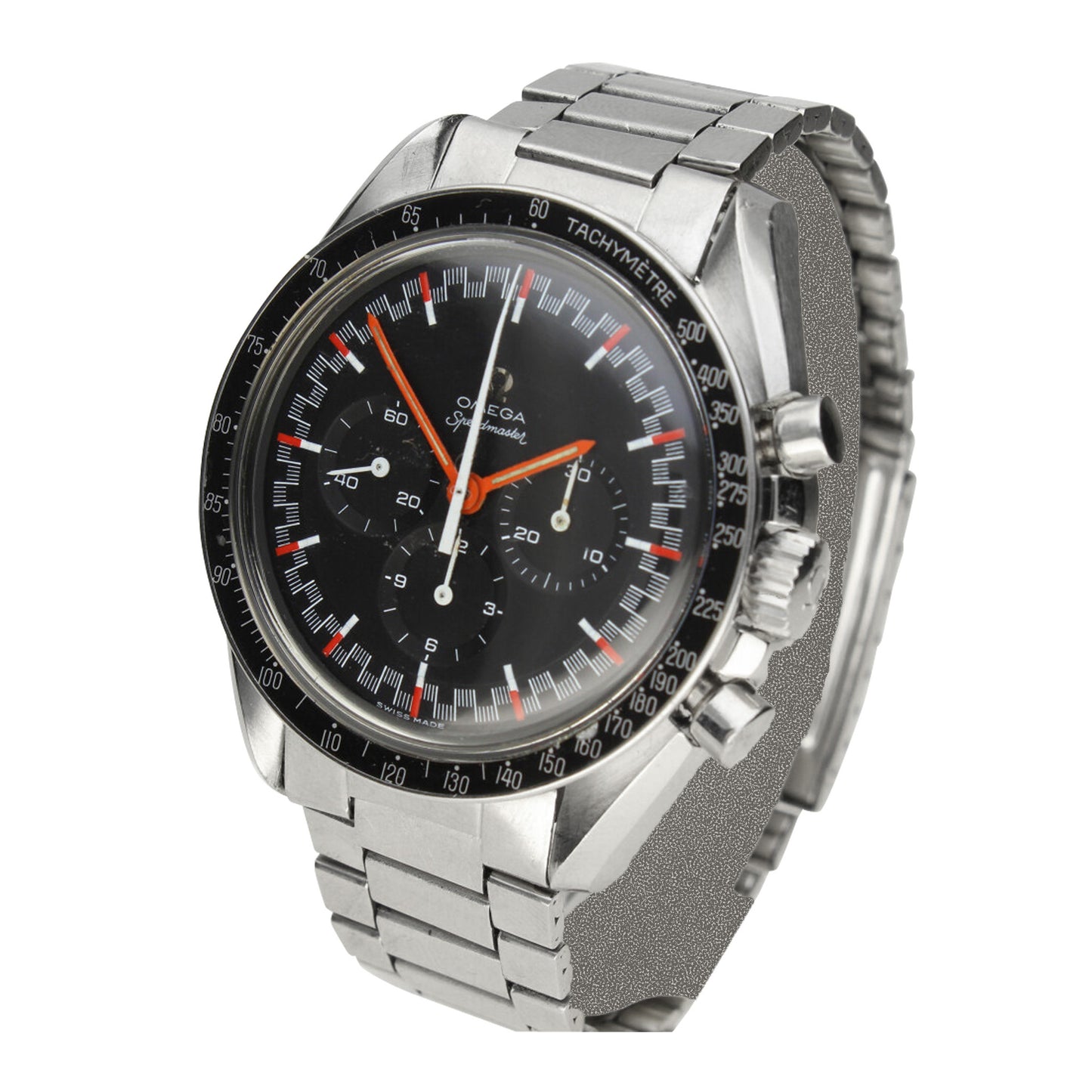 Stainless steel Speedmaster, reference 145.012 'Red Racing' chronograph wristwatch. Made 1968