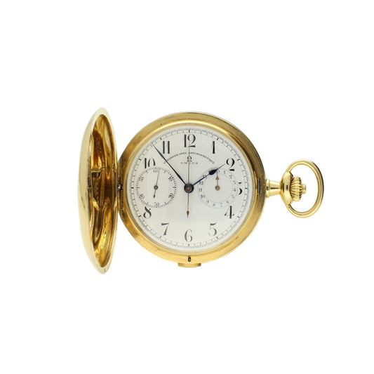 18ct yellow gold hunter case single button chronograph pocket watch. Made 1912