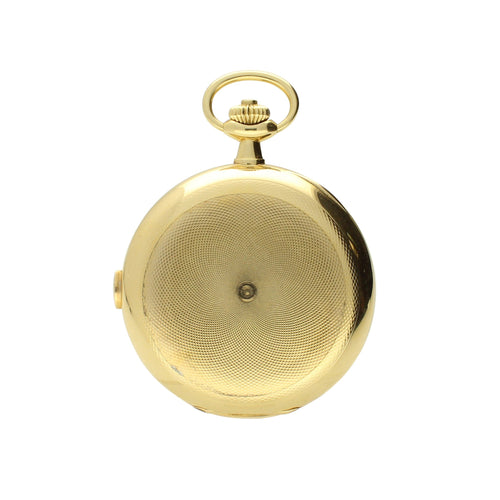 18ct yellow gold hunter case single button chronograph pocket watch. Made 1912