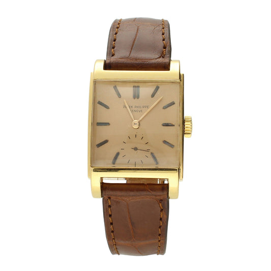 18ct rose gold square cased, reference 2476 wristwatch. Made 1953