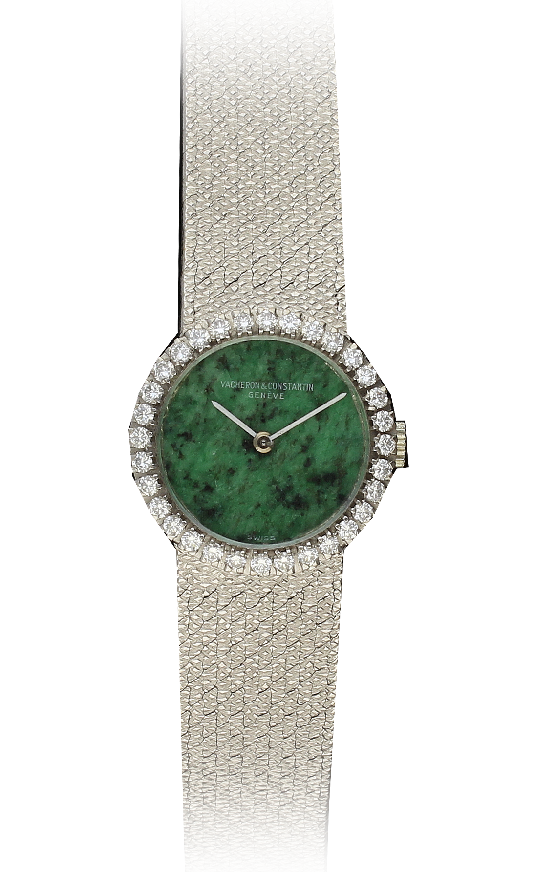 18ct white gold and diamond set with jade dial bracelet watch. Made 1970's