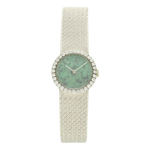 18ct white gold and diamond set with jade dial bracelet watch. Made 1970's