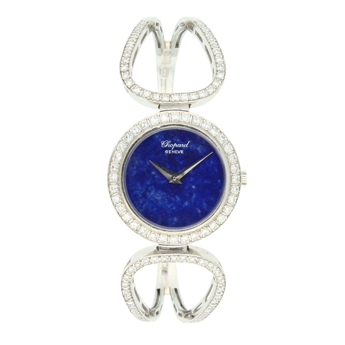 18ct white gold bracelet and diamond set bracelet watch with lapis dial. Made 1970's