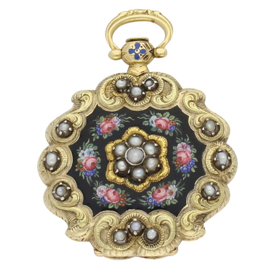 18ct yellow gold, enamel and pearl set fob watch with scalloped edge. Circa 1840